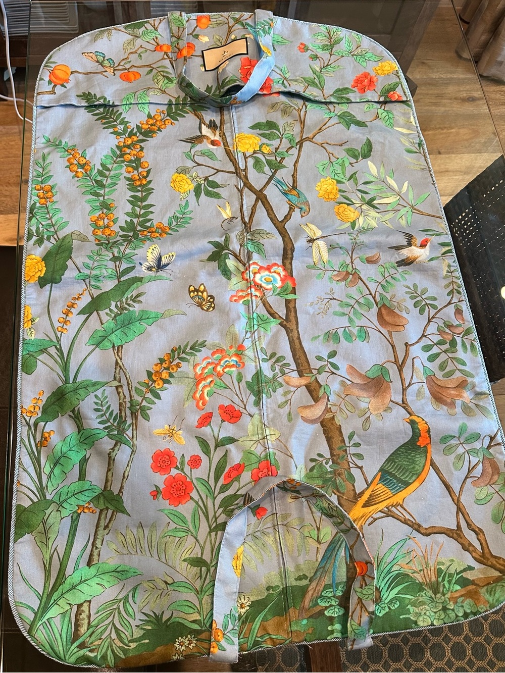 Floral Botanical Garment Bag in Light Blue with Multicolor Print